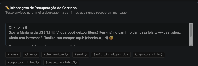 Tag valor_total_pedido disponivel nas mensagens de carrinho